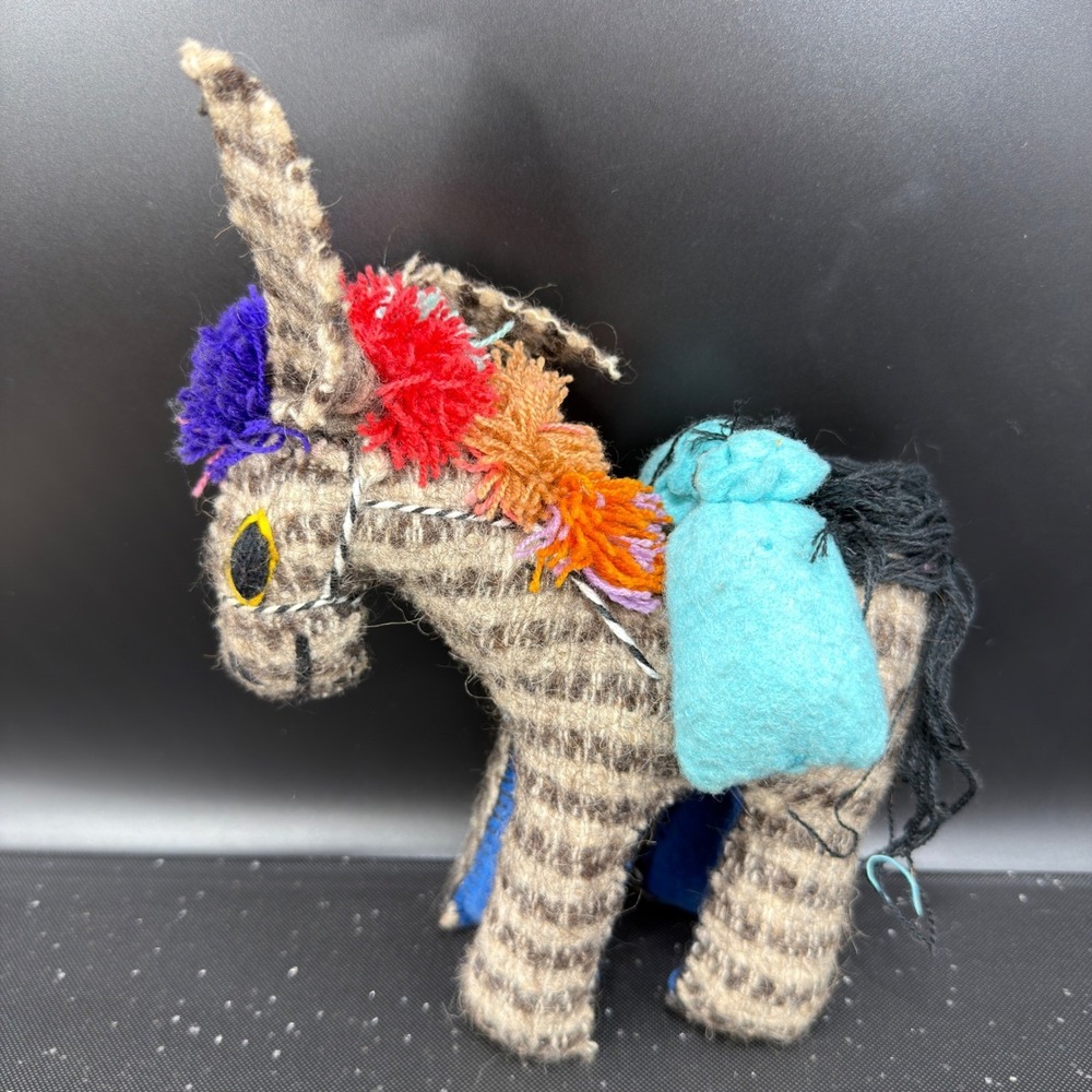 Vintage Mexican Folk Art Woven Wool Burro Donkey Figurine Colorful Yarn Pom Poms - Picture 11 of 11
